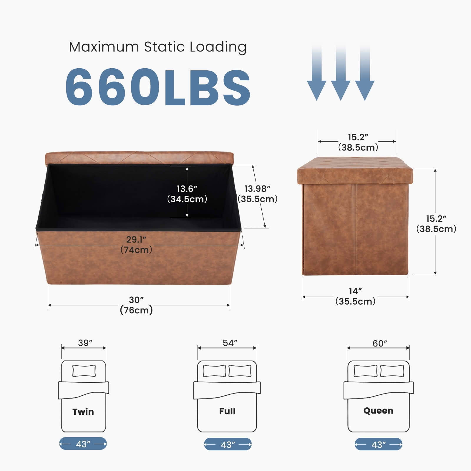 MAYEERTY 30in Foldable Storage Ottoman Foot Rest Stool Synthetic Leather Thicker Foam Seat