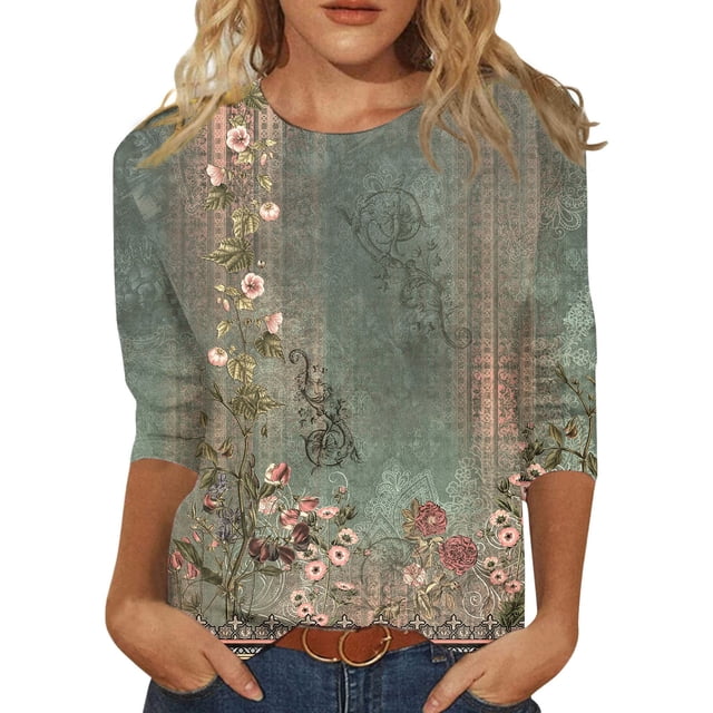TSADFHJI Hauts d'Été Sexy pour Femmes T-Shirts Confortables pour Femmes Hauts d'Été Col Rond Manches Trois-Quarts Blouse Imprimée Florale m Vert