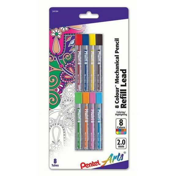 Pentel Arts 8 Colour Pencil Refill (2.0mm), Assorted Color 8-Pk