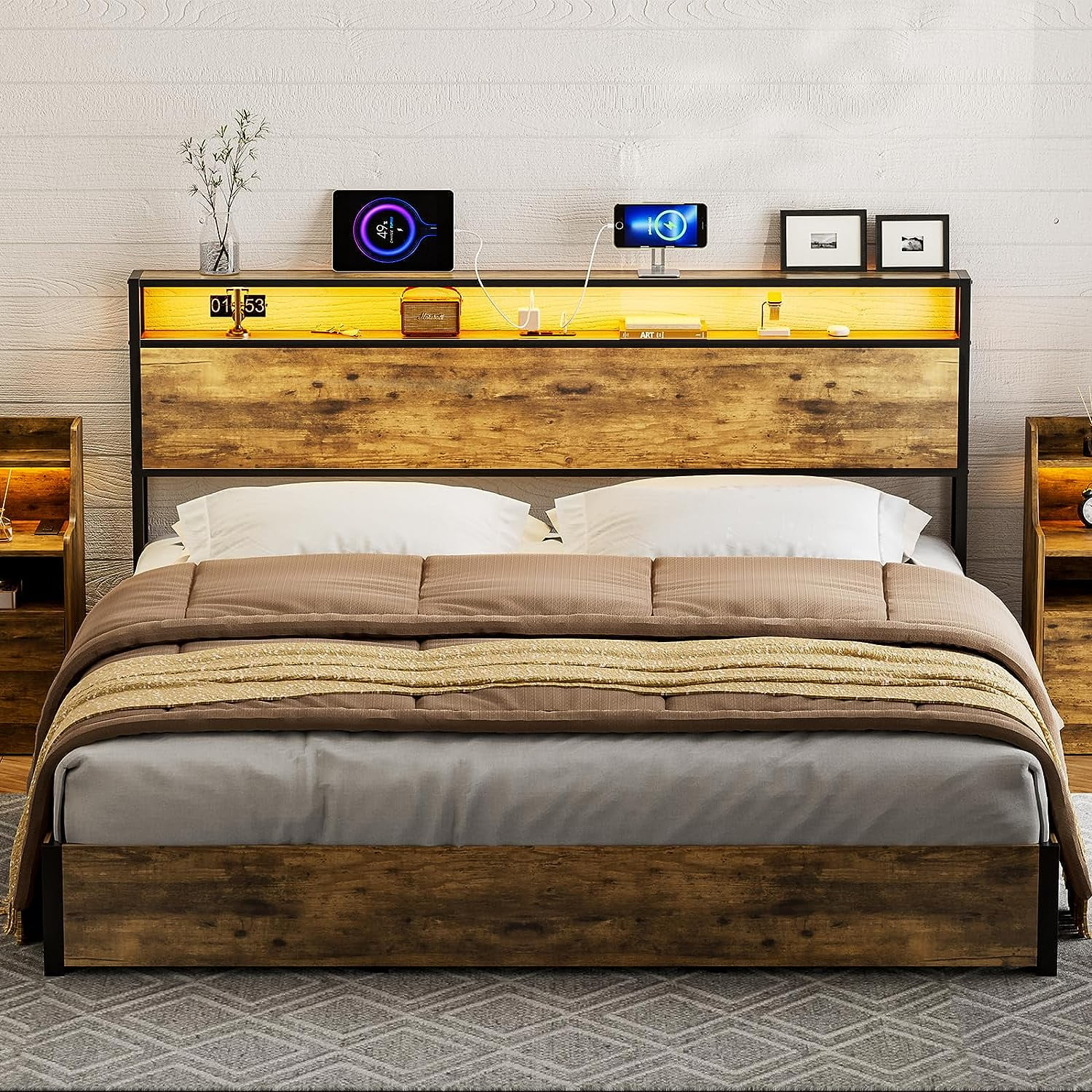 IKIFLY King Storage Headboard With LED Lights, Charging, Shelves ...