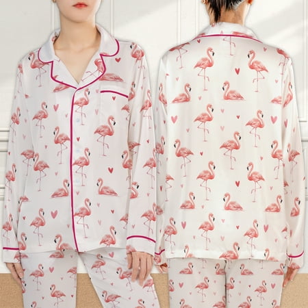 Lotusprinthandmade Flamingo All-over Print Satin Pajamas Set (3XL) tropical bird print sleepwear cute flamingo satin loungewear outfit