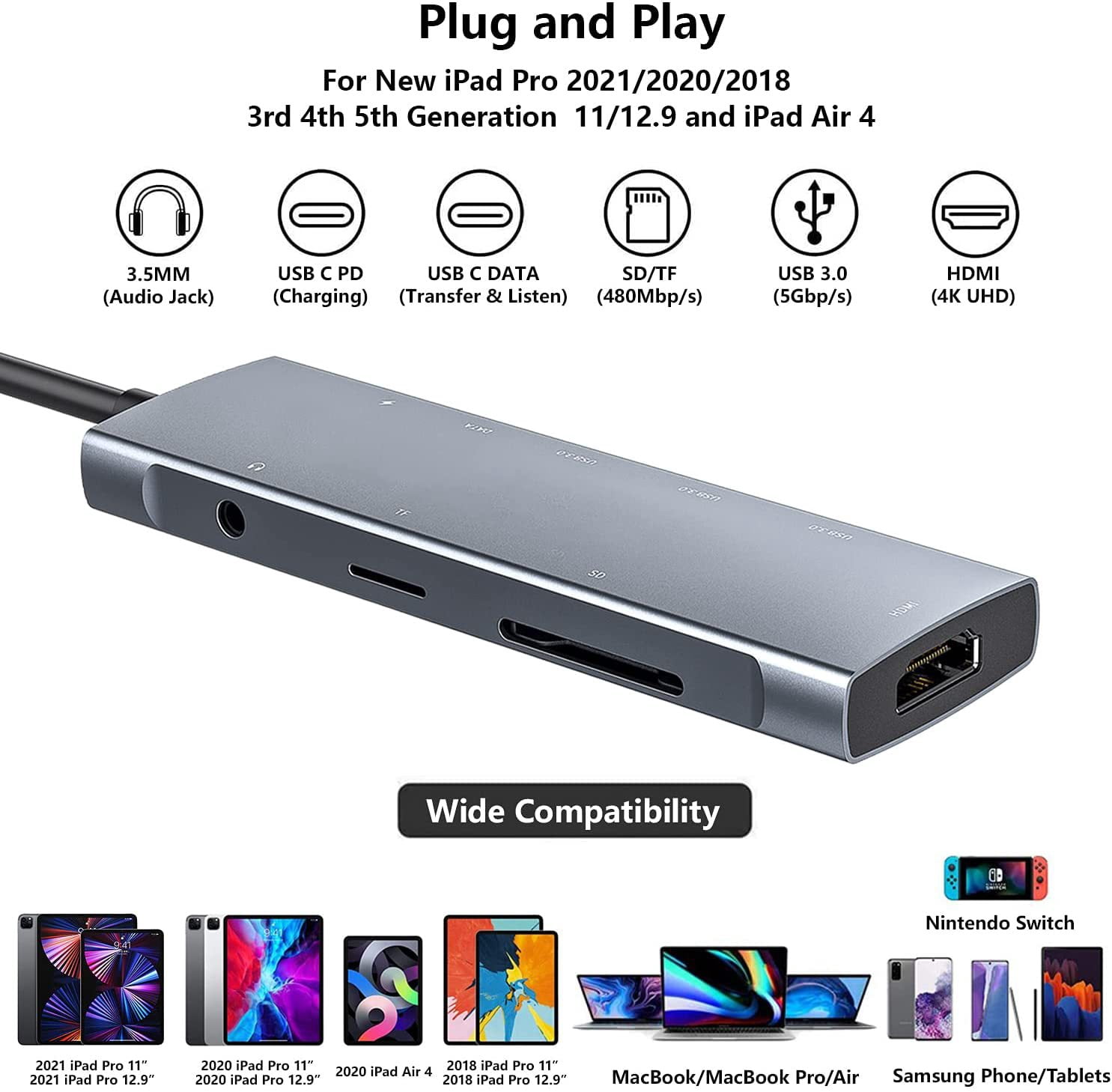 Betrusami 9 in 1 Docking Station 4K 30Hz to HDMI Laptop Docking Station, Retail Packaging with USB-C Data Port, 3 USB 3.0 Ports, MicroSD/TF, 3.5mm Audio, 1 Count