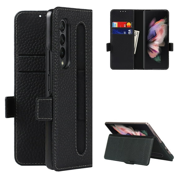 Allytech for Galaxy Z Fold 3 Cover for Samsung Galaxy Z Fold 3 5G(2021), Genuine Leather Magnetic Flip Stand Wallet Card Slots Case wtih S Pen Holder Pocket Cover for Galaxy Z Fold 3 2021, Black