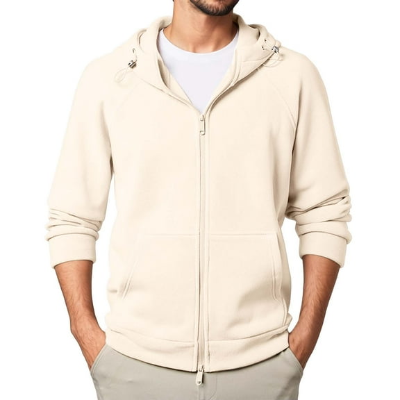 XIAONU Men's Fleece Zip-Up Hoodie Jacket Loose Long Sleeves Hooded Sweatshirt Casual Outdoor Hoodie With Pocket Beige L