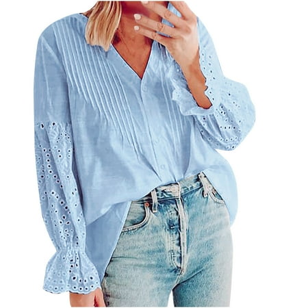 

YFPWM Corset Tops for Women Funny Tshirts Hedging Thread Top Flowy Blouse Spring Fall Color Matching Pullover Hiking Shirt Long Sleeve V-Neck Pullover Solid Color Blouse
