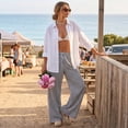 thumbnail image 5 of Women's Pinstripe Linen Palazzo Pants Elastic Drawstring High Waist Flowy Wide Leg Loose Summer Beach Trousers With Pockets Black S, 5 of 6