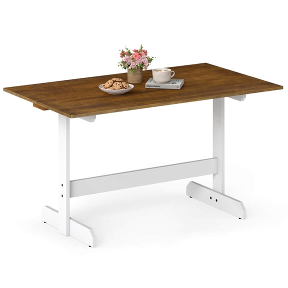 Costway 55” Dining Table for 4-6 People, Rectangular Kitchen Table with Wood Trestle Base Walnut   White