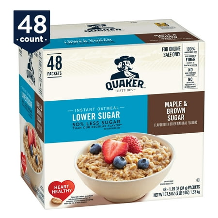 Quaker Instant Oatmeal, Lower Sugar, Maple & Brown Sugar, 48