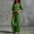 thumbnail image 5 of Cagogo Women Plus Size 2 Piece Set V Neck Short Sleeve Top Wide Leg Pants Casual Summer Boho Vacation Outfits Loose Matching Lounge Sets Tracksuits Travel Cruise Clothes, Green 2XL, 5 of 7
