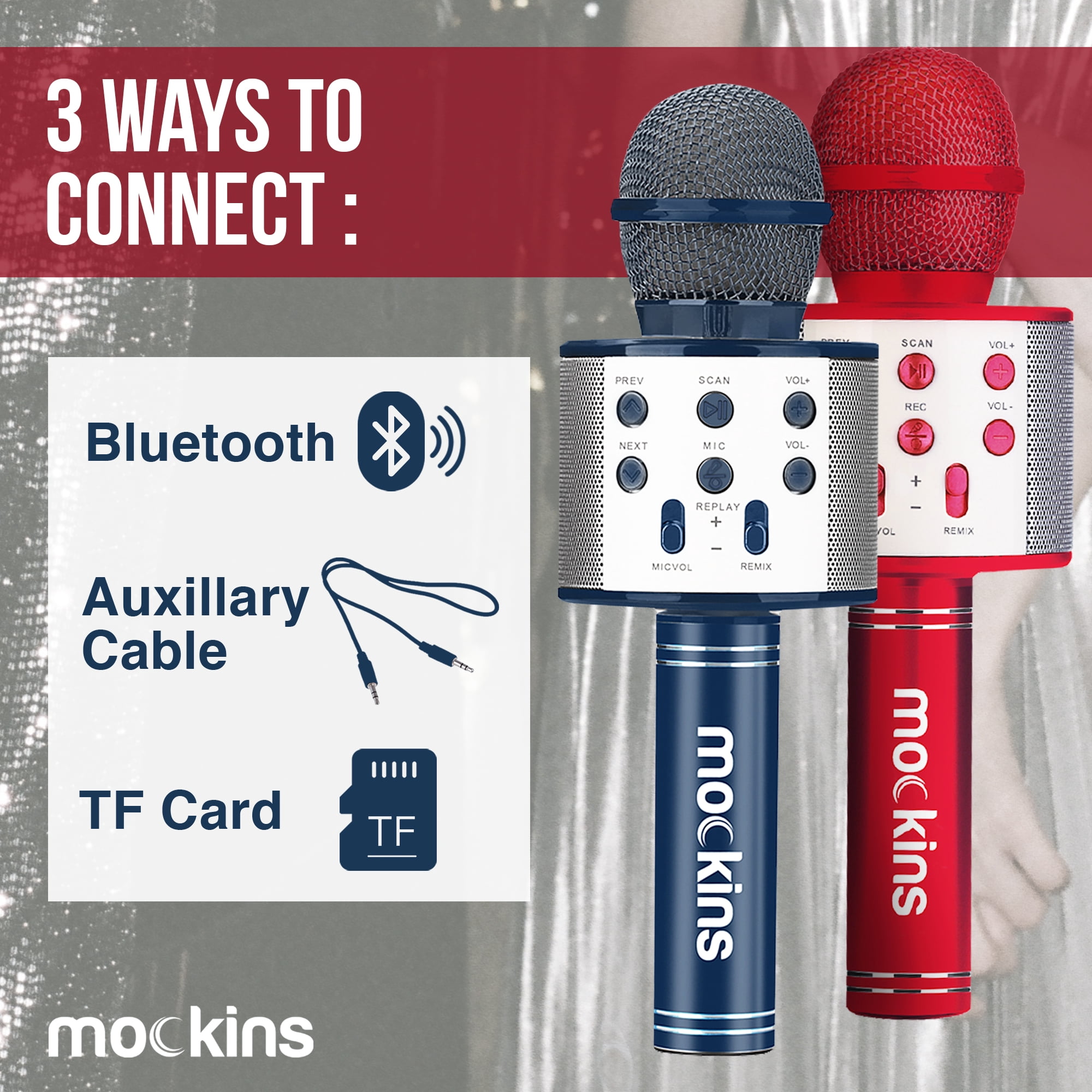 Mockins Navy & Red Karaoke Microphones with Bluetooth Speakers | Portable - Compatible with Android and IOS Devices | 2-Pack