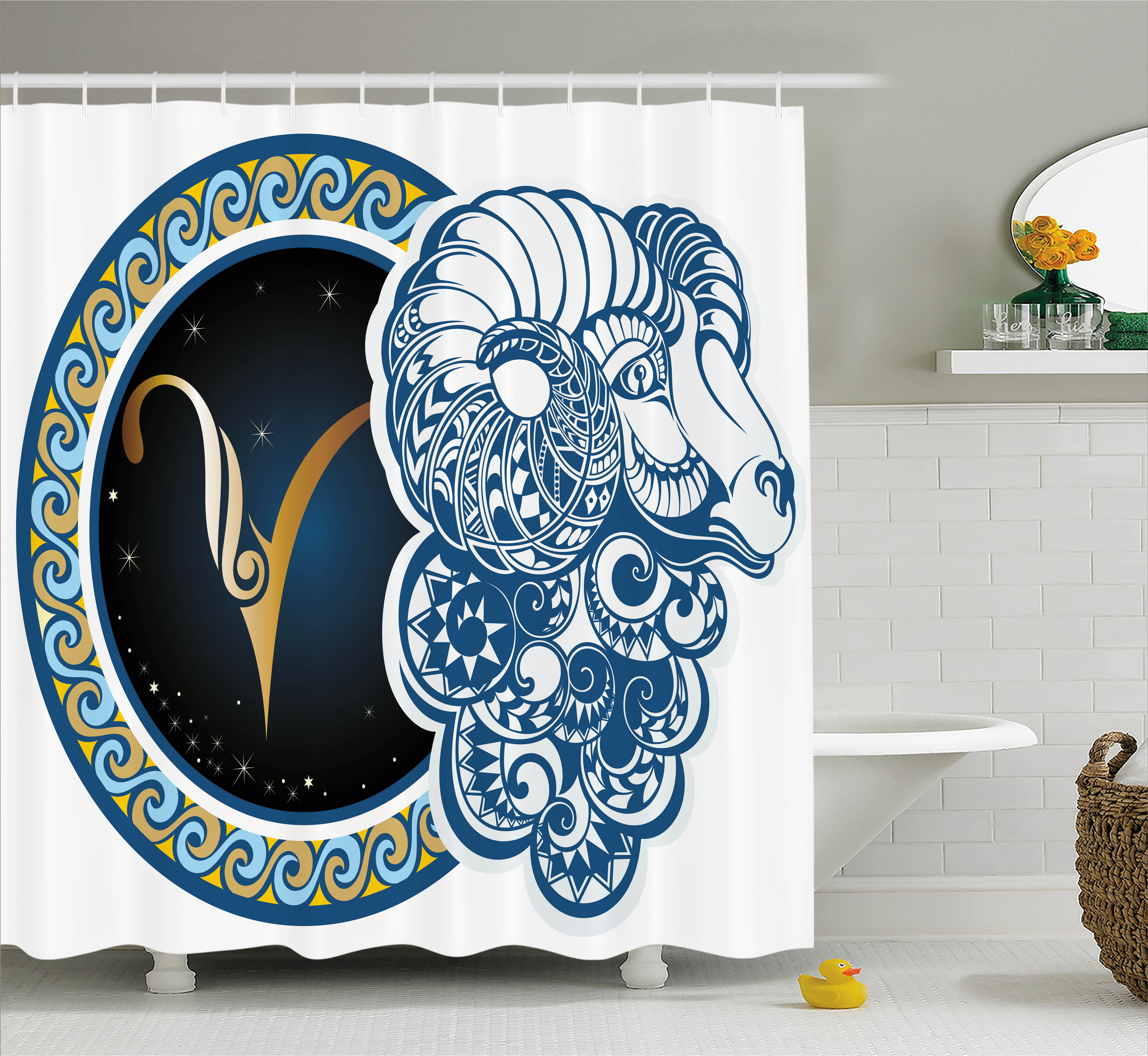 Zodiac Decor Shower Curtain, Astrological Aries Symbol with Horned Head