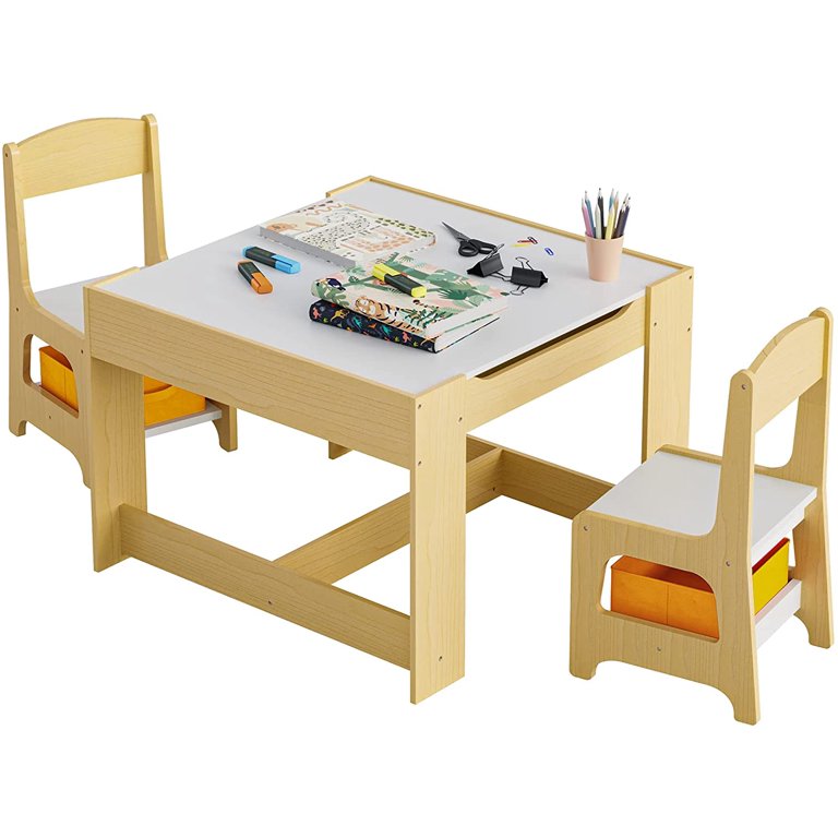 Cowiewie Kids Art Table and 2 Chair, Wooden Drawing Desk w/ Storage Drawer  for 3+ Years Old, Brown