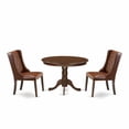 thumbnail image 2 of East West Furniture HLFO3-MAH-46 3-Pc Kitchen Table Set Includes 1 Pedestal Dining Table and 2 Brown Linen Fabric Upholstered Dining Chairs with Button Tufted Back - Mahogany Finish, 2 of 10