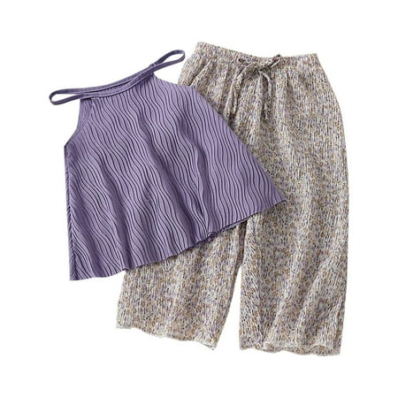 

KUNKASA 2024 Clothes Set for Teen Girls Boys Summer New Solid Color Sleeveless Suspenders Floral Print Lace Up Pants Two Piece Fall Outfits 2-3 Years