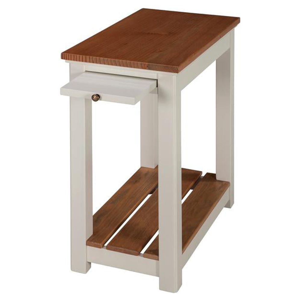 Alaterre Furniture Savannah Chairside End Table with Pull-out Shelf, Ivory with Natural Wood Top