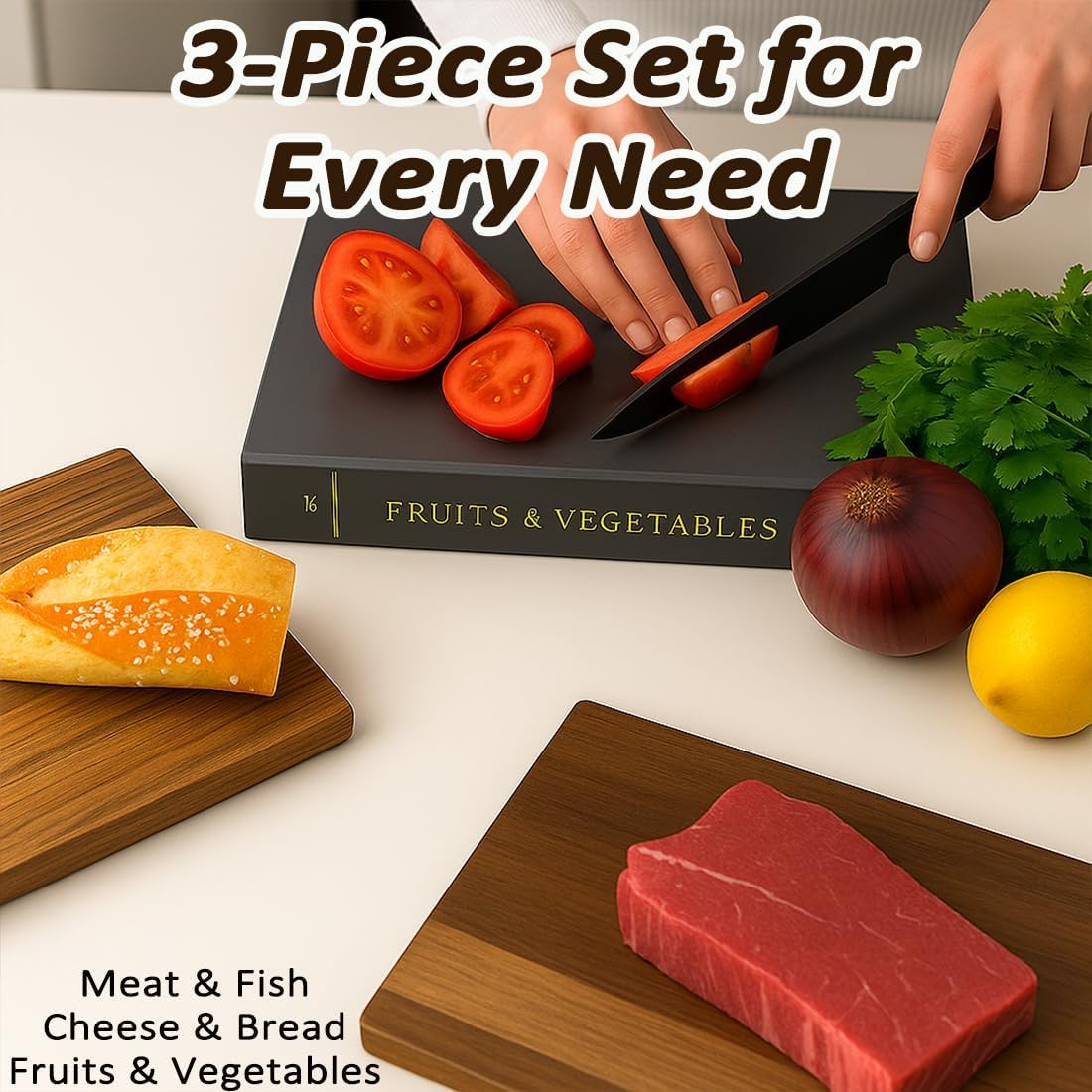 Book Cutting Board Set,Cutting Boards That Look like Books,Wooden Kitchen Chopping Boards Set of 3 with Stand,Tray for Cheese,Bread,Vegetables,Decorative Cookbook Style Serving for Parties & Home