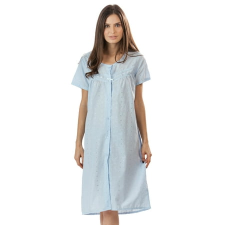 Eyelet Ribbon Empire Dress - Casual Nights Women's Short Sleeve Eyelet Embroidered House Dress