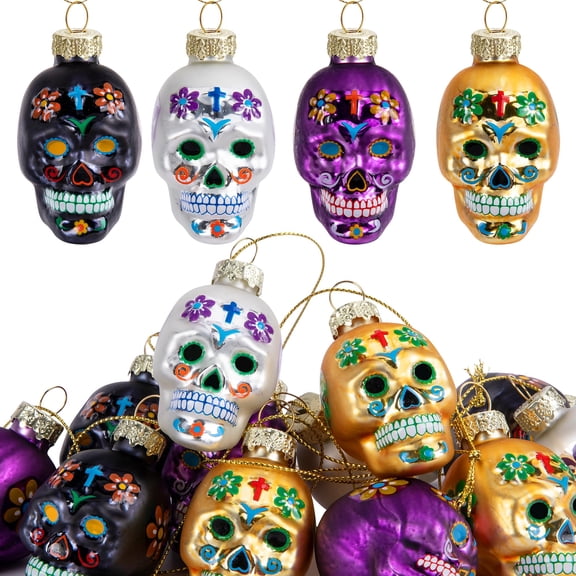 Ebaokuup 12 Pcs Day of the Dead Sugar Skull Glass Ornaments, Halloween Christmas Decor