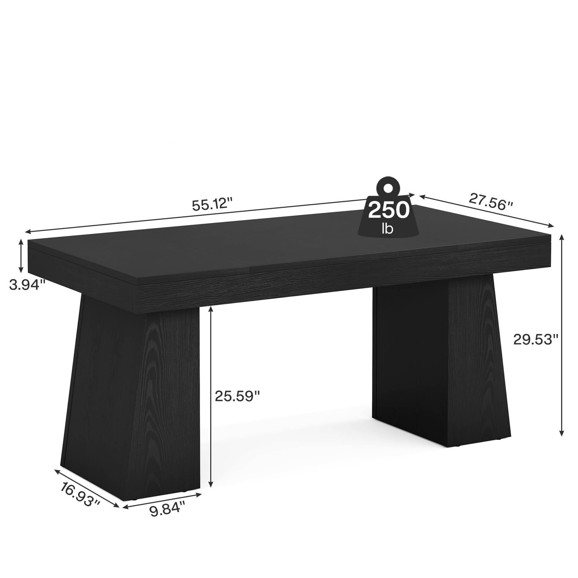 MAYEERTY 55 Inch Farmhouse Double Pedestal Dining Table, Black MDF Trapezoid Leg Table Seats 4-6 for Small Spaces