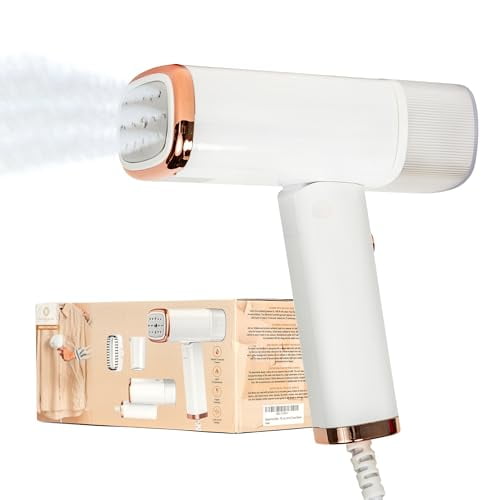 Imprescindibles de viaje: Vaporizador para ropa - Vaporizador y plancha para el hogar o de viaje, blanco con detalles en oro rosa, vapor de 1000 W, calentamiento rápido, elimina arrugas en segundos,