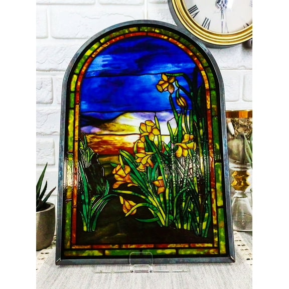 Ebros Louis Tiffany Daffodils Oyster Bay Stained Glass Art Panel Wall Or Desk Plaque Home Decor