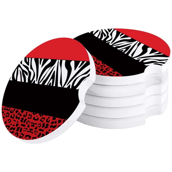 FMSHPON Red Leopard Zebra Stripes Art Set of 2 Car Coaster for Drinks, Absorbent Ceramic Stone Coasters Cup Mat with Cork Base for Home Kitchen Room Coffee Table Bar Decor