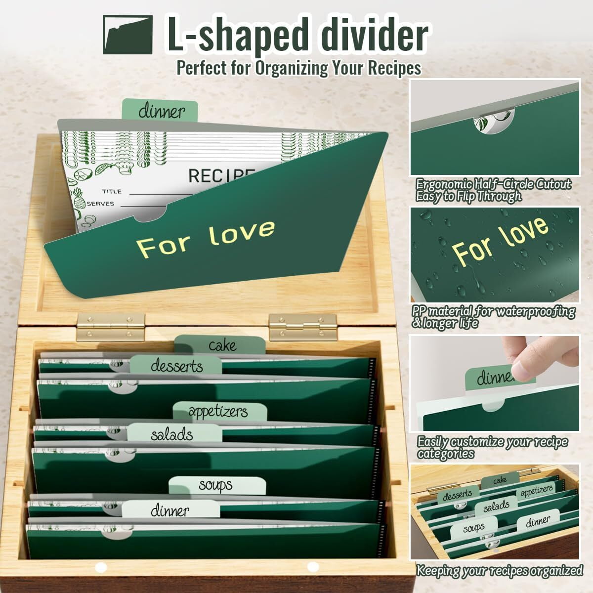 Recipe Box Set with 100 Recipe Cards 4x6 with Protectors,24 Dividers Tabs, Recipe Card Holder, Wood Box Organizer Set to Write in Your Recipes