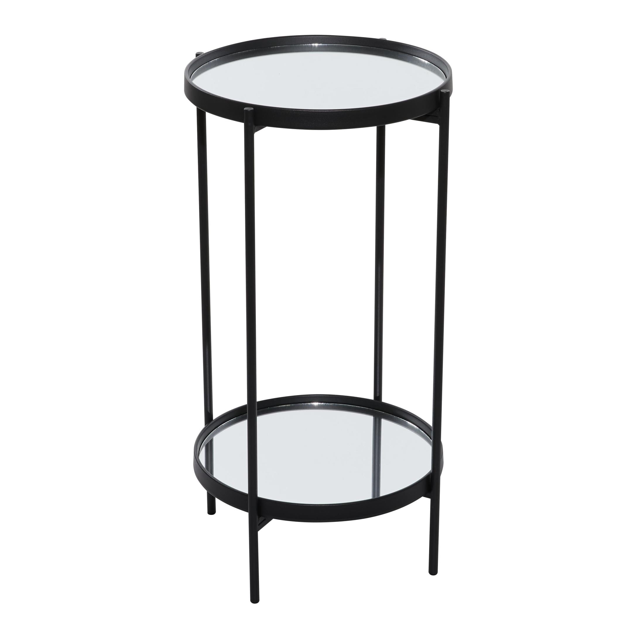 DecMode 15" x 28" Black Metal 2 Level Accent Table with Mirrored Glass Top, 1-Piece