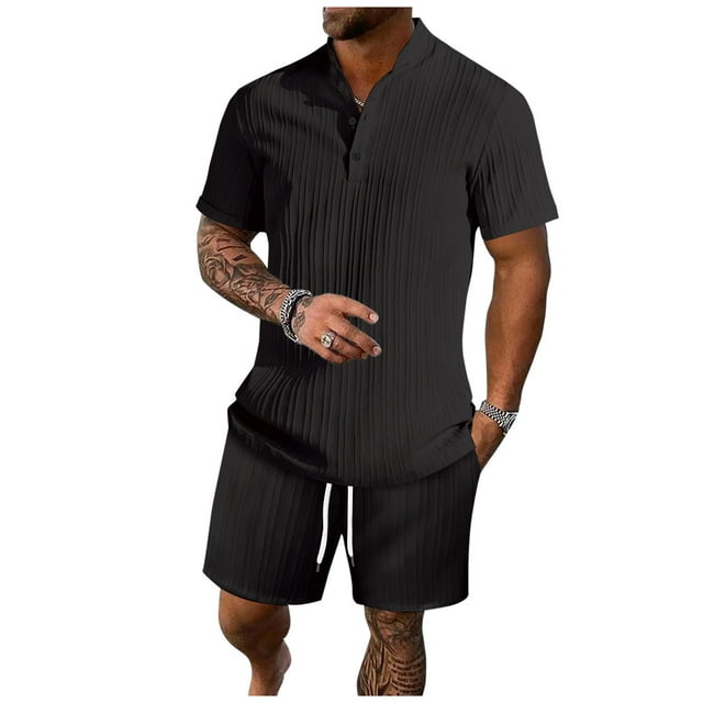 Birdeem Mens Stand Collar Button Blouse Short Sleeve Elastic Waist Lace-Up Lapel Suit