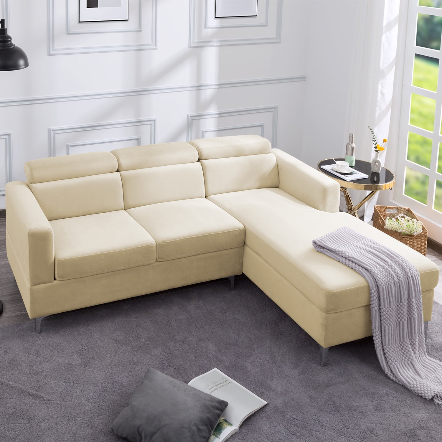 Kadyn 83.4" Sectional Sofa Couch, velvet Sectional Sofa Futon for Living Room, Modern Sectional Sofa, Beige