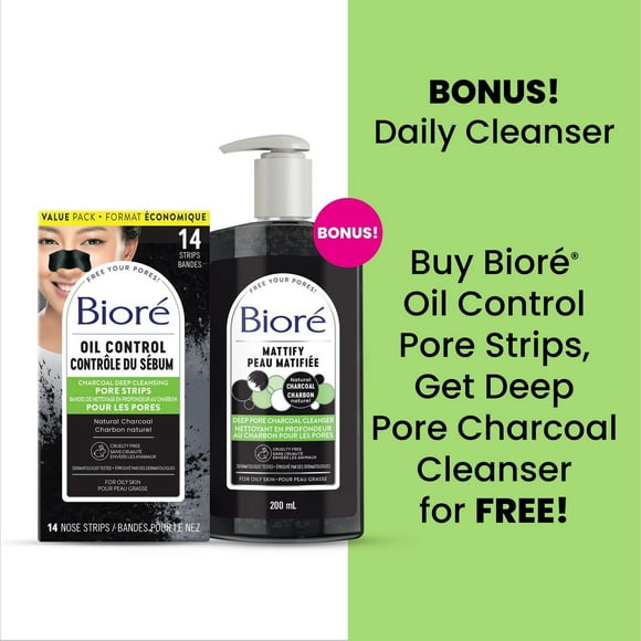 BONUS PACK! Bioré Deep Cleansing Charcoal Pore Strips Value Pack,14 ct & Bioré Deep Pore Charcoal Cleanser, Face Wash for Oily Skin, 200mL, BONUS! 2 pack