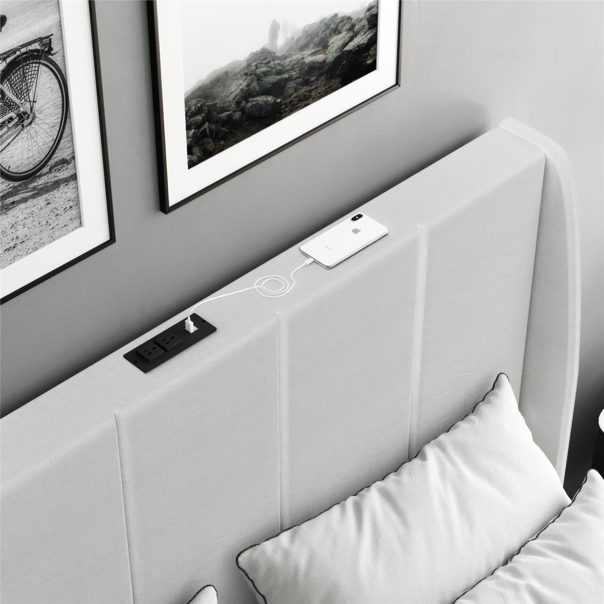DHP Lamora Upholstered Wingback Bed Frame with USB, Queen, Light Gray Linen