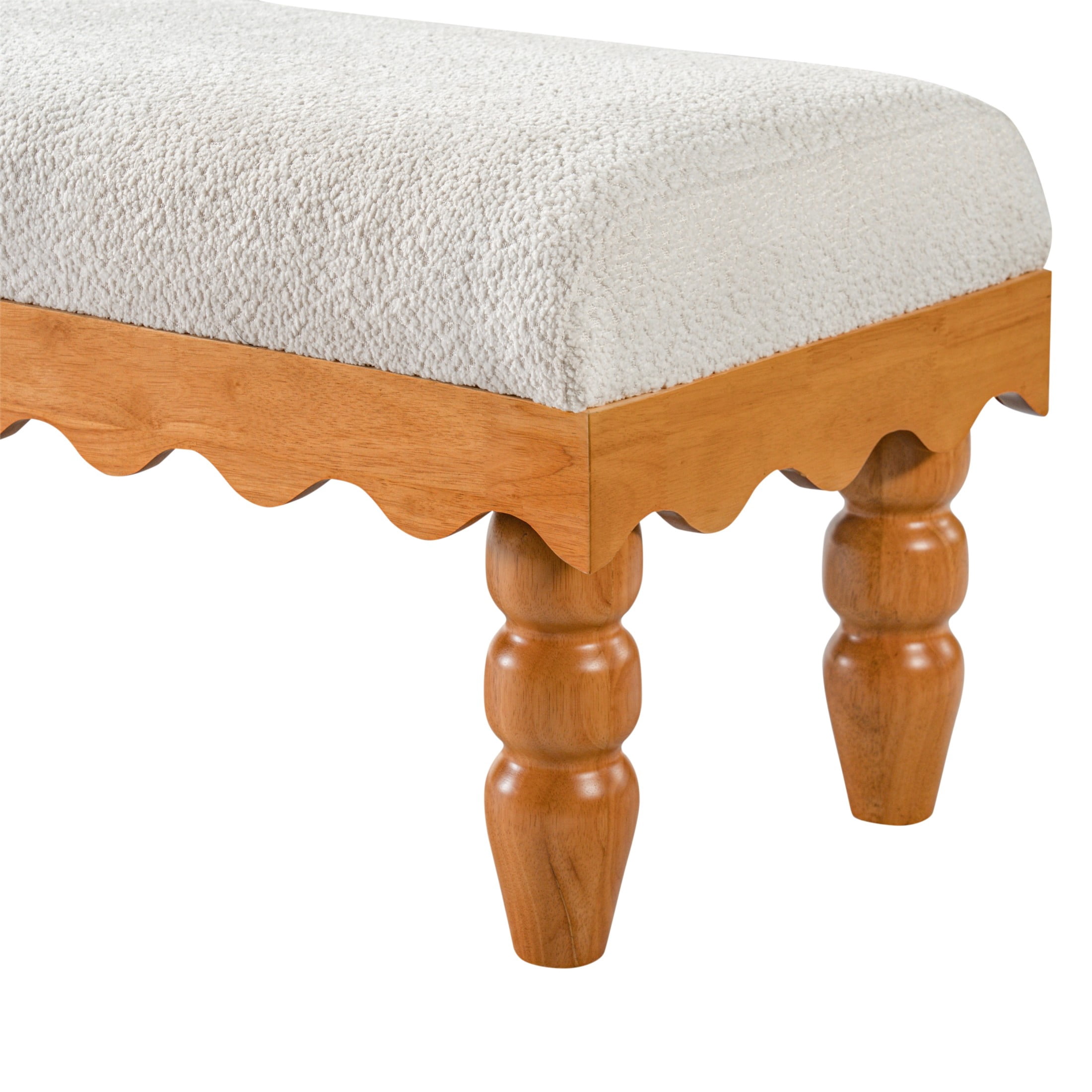 Christopher Knight Home Vintage Boucle Fabric Bench, Wave Trim Ottoman with Solid Wood Legs, Beige