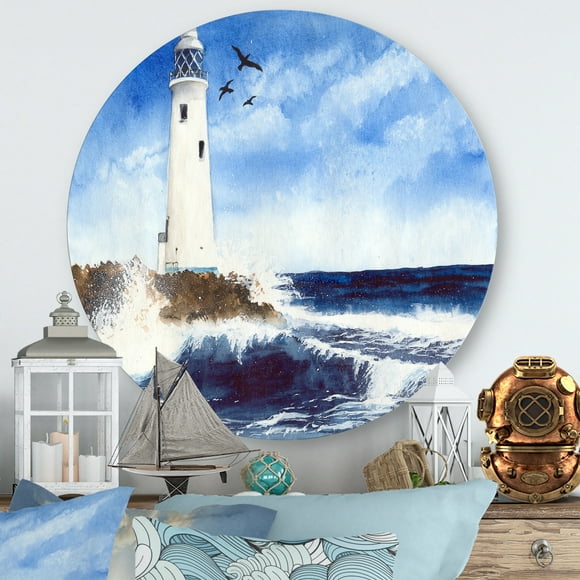 Designart - Lighthouse On The Rocky Island With Seagulls - Nautical & Coastal Metal Circle Wall Art