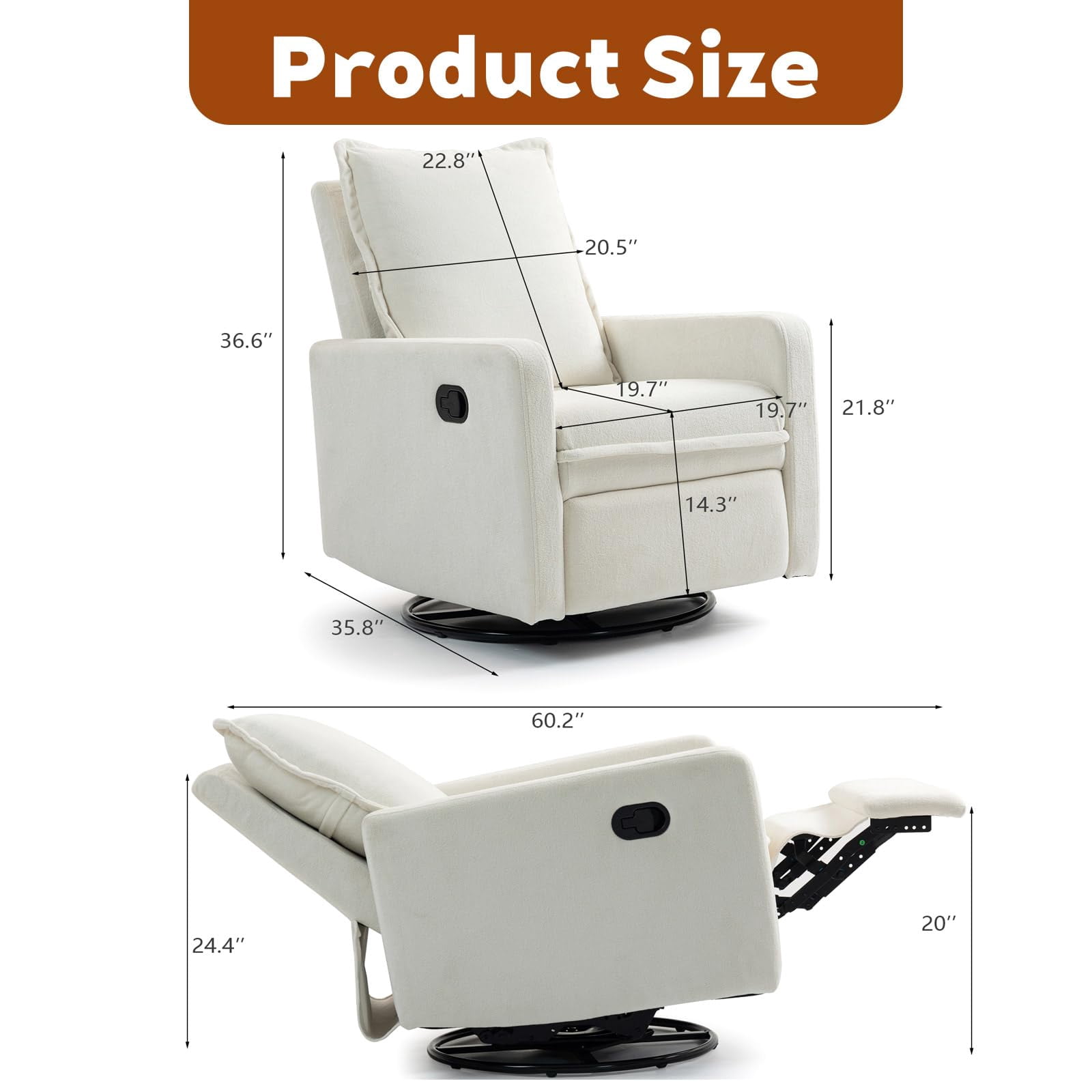 Lovableguy Modern Swivel Recliner Chair,Velvet Manual Button Nursery Glider Reclining Chair with Footrest,Comfy Upholstered Rocking Chair Living Room,Bedroom,White