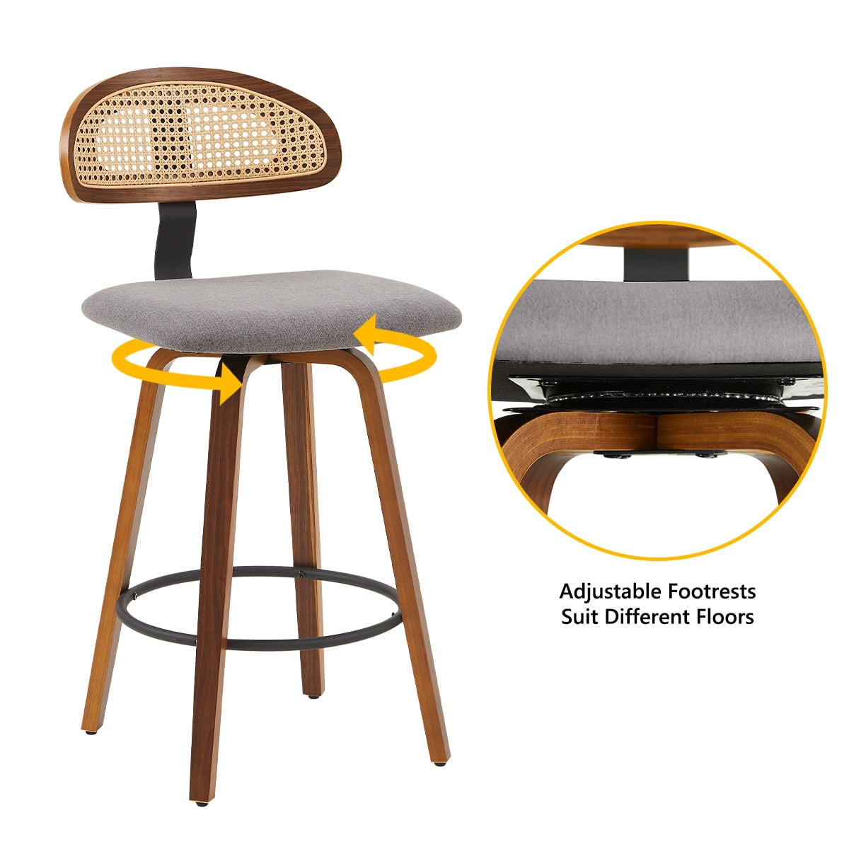 360° Swivel Rattan Bar Stools Set of 1, Counter Height Modern Kitchen Island Stools With Footrest, Uphostered Cushion, Comfortable Durable, Dark Grey
