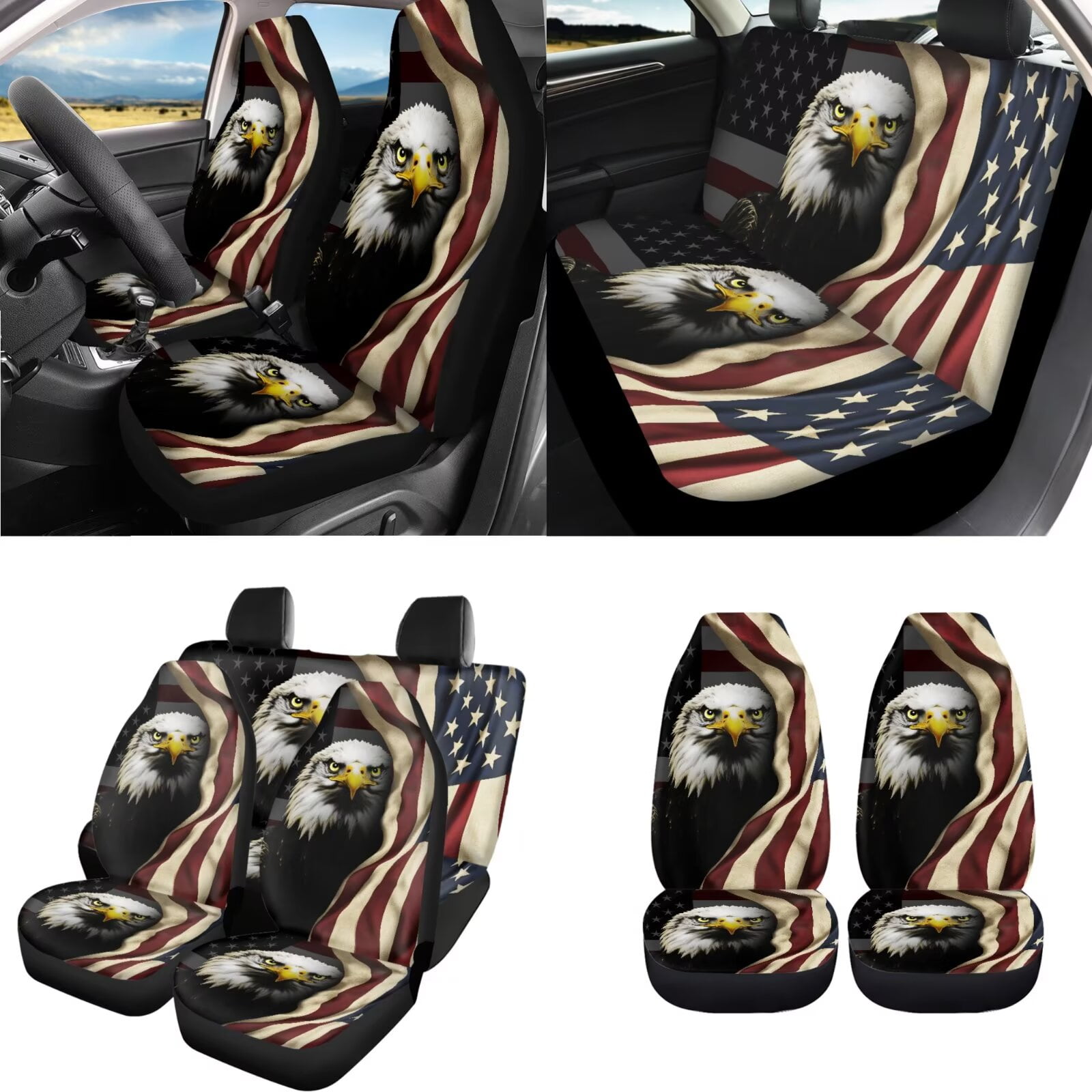 Uorisanigo American Flag Eagle Car Seat Covers Set with Wheel Cover Protector/Seat Belt Strap Pads/Center Console Cover/Headrest/Gear Shift & Handbrake Covers/Cup Coasters/Keychain,18 Packs
