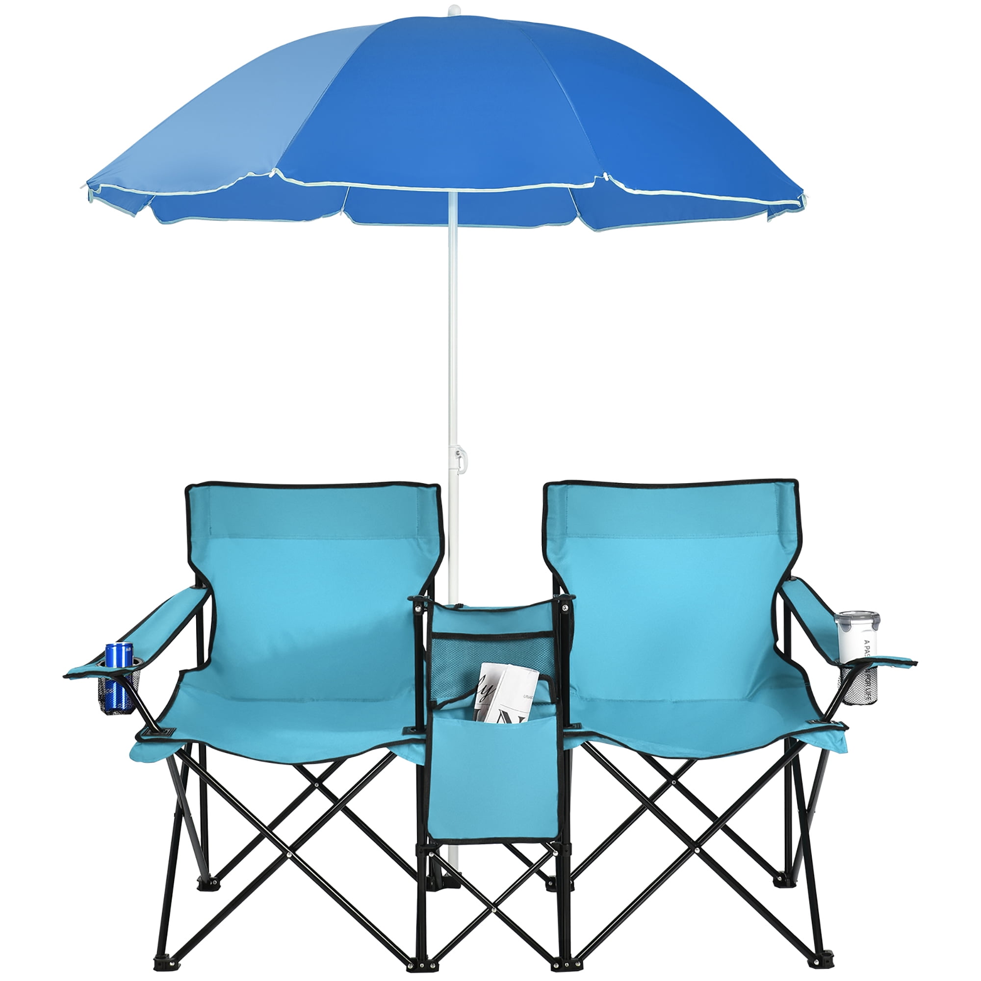 Costway Portable Folding Double Picnic Chair with Umbrella Cooler