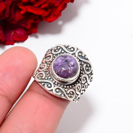 Purple Charoite - Siberia Designer Handmade 925 Sterling Silver Ring S.7 R98316, Christmas Gift