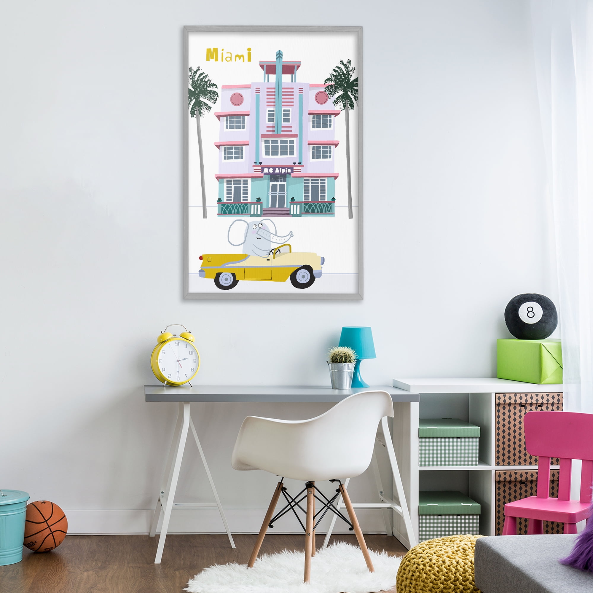 Elephant & Miami Hotel Gray Framed Giclee Art, design by Carla Daly