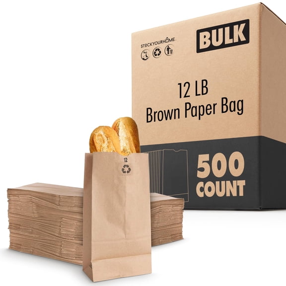 Stock Your Home 12 Lb Big Brown Paper Lunch Bags (500 Count) - Bulk Disposable Lunch Sacks, Large Size Blank Bag, Good for Snacks, Sandwiches, Grocery Food, and Arts & Crafts Projects