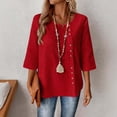 thumbnail image 2 of VEKDONE Womens Tops 3/4 Length Sleeves Work Blouses Summer Button Down Crewneck Shirts Solid Color Loose Fit Casual Shirts Fashion Clothes Red XXL, 2 of 5