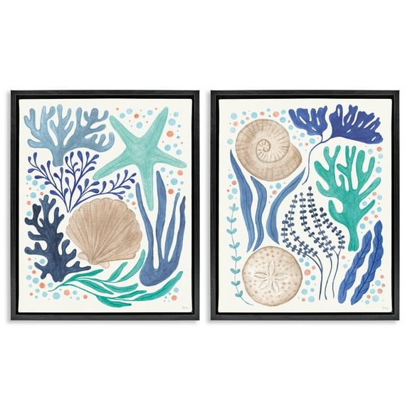 Stupell Industries Coastal Currents Sea Life Nautical & Beach Painting Black Floater Framed Canvas Art Print Wall Art, 17 x 21, Set of 2