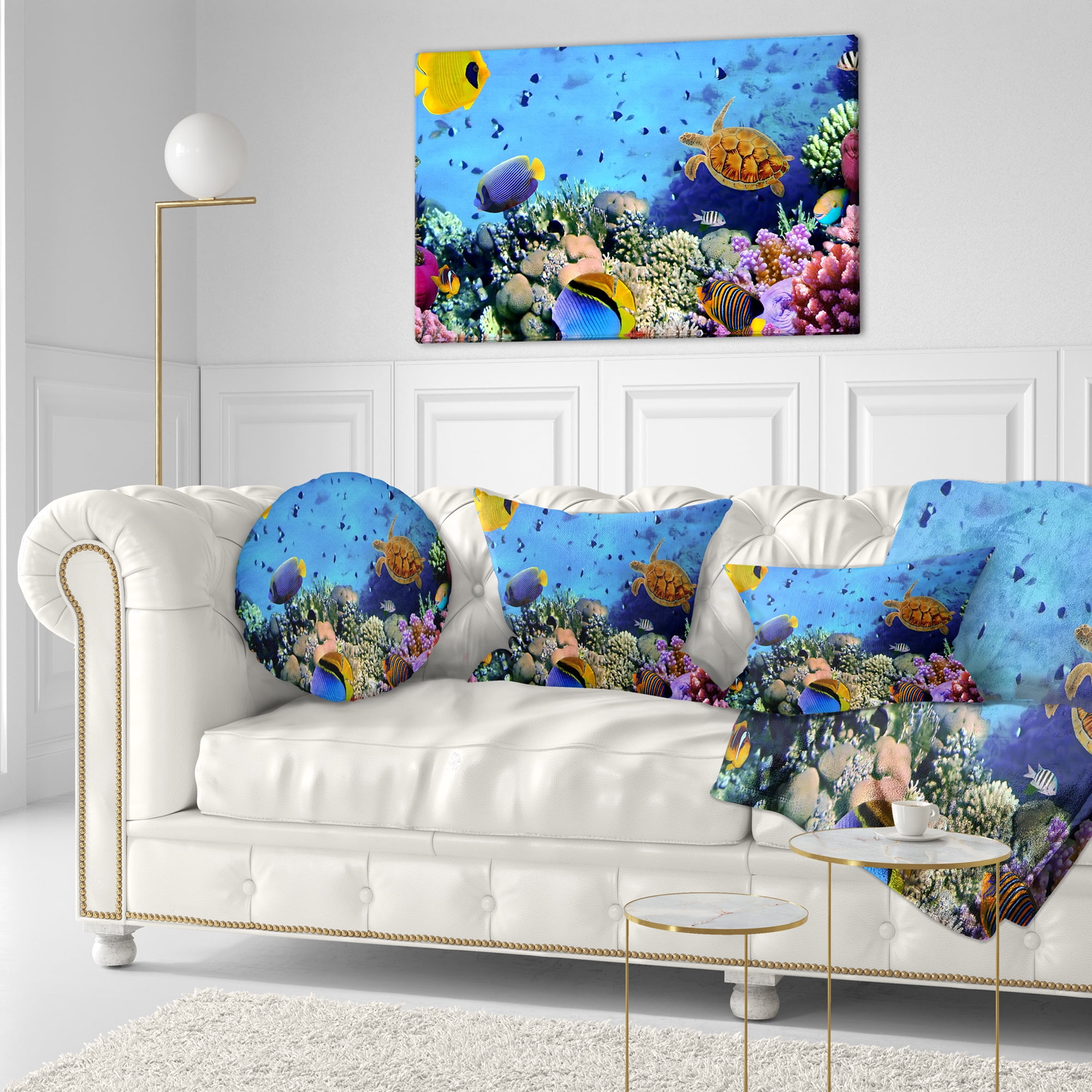 Designart Coral Colony and Coral Fishes - Seascape Throw Pillow - 12x20
