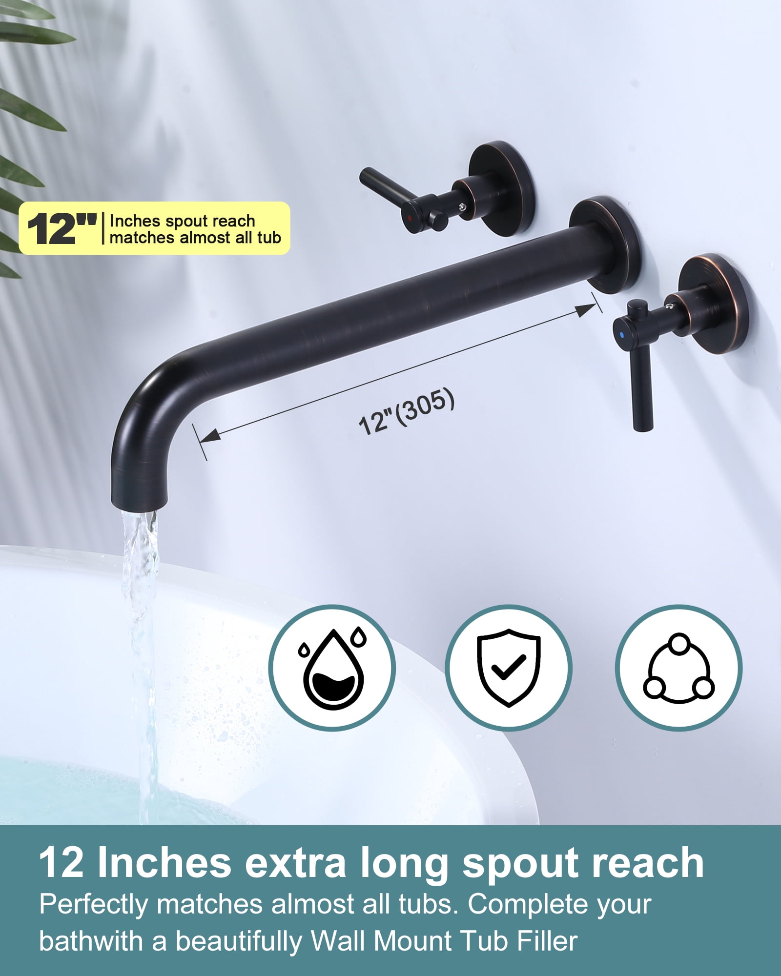 Wowow Wall Mount Tub Filler Faucets,High Flow Wall Mounted Bathtub Faucet with Two Handles and 12" Long Spout, Oil Rubbed Bronze