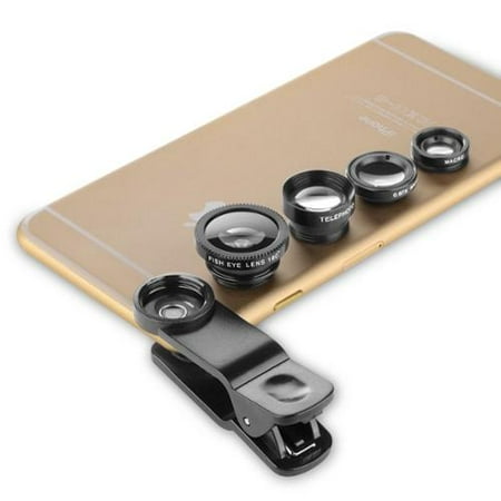 Insten Black 4 in 1 Fisheye/Wide Angle/Macro/Telephoto Lens Phone Camera Kit Universal For iPhone 7 6 6S Plus 5S Samsung Galaxy S7 S6 Edge S5 Note 5 Motorola Nexus 6 LG G4 G Stylo (with Carrying Bag)