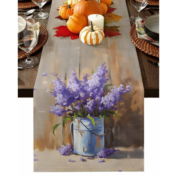 Purple Lavender Table Runner-Cotton Linen- 70 Inch Holiday Dresser Scarves, Farmhouse Abstract Oil Painting Flower Tablerunner for Kitchen Coffee/Dining Bedroom Living Room Dinner Scarf Décor 13x70
