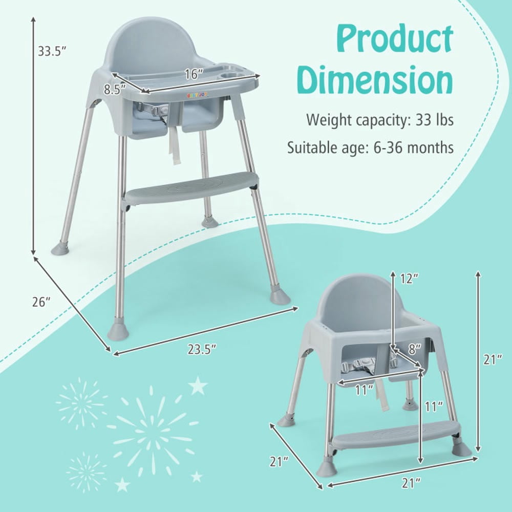 Kadyn Baby Highchair, High Chairs,Toddler Chair, 4 in 1 Convertible Kids Dining High Chair with Adjustable Removable Tray, Gray