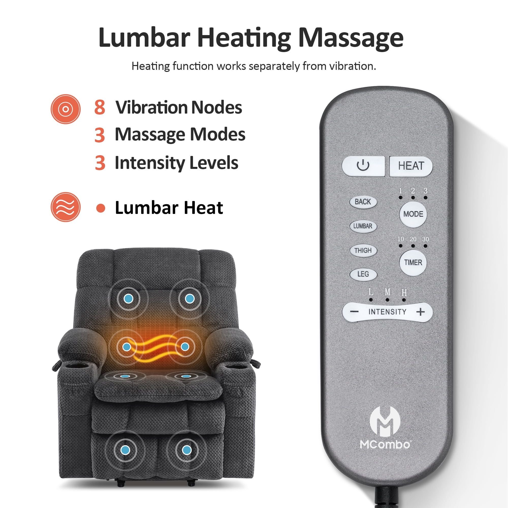 MCombo 22.4" Seat Width Lay Flat Dual Motor Power Recliner Lift Chair with Vibration and Heat, Infinite Position, Dark Grey
