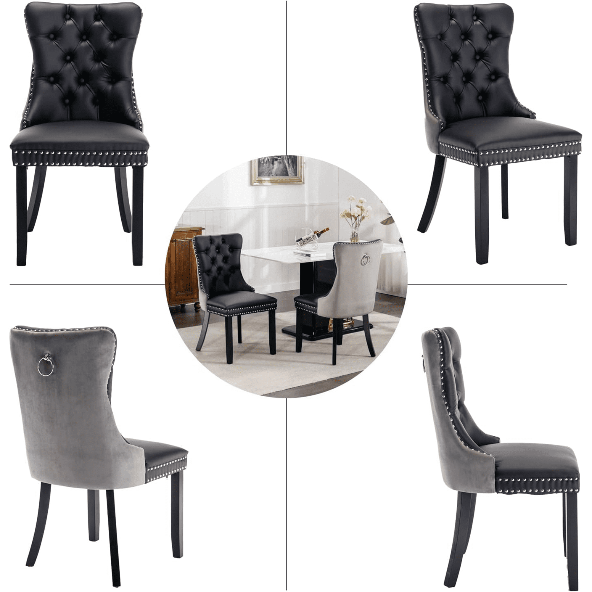 LegaHome Dining Room Chairs Set of 6, Modern Upholstered Velvet and PU Leather Dining Chair with Nailhead Trim and Solid Wood Legs, Tufted Button Padded Chairs Set for Kitchen Dining Room, Gray&Black